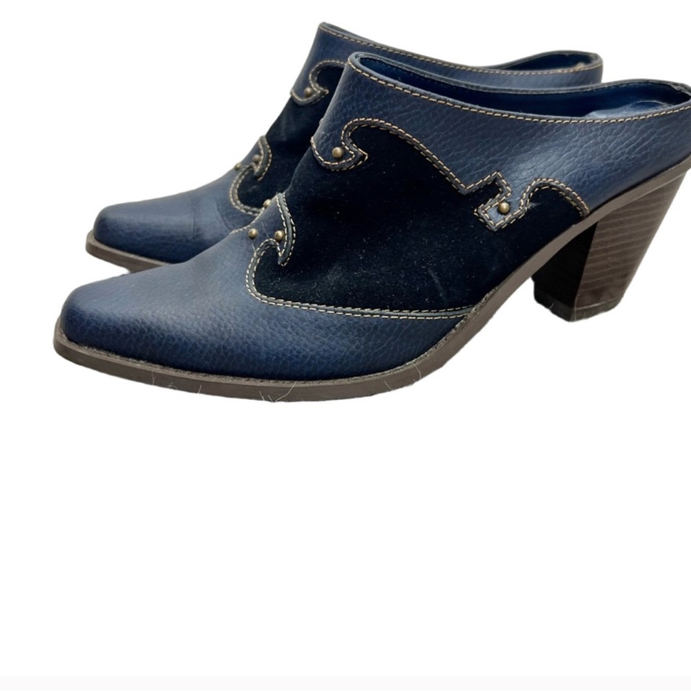 Vintage 90s Y2K blue leather black suede slip on heeled boho Western mules 7